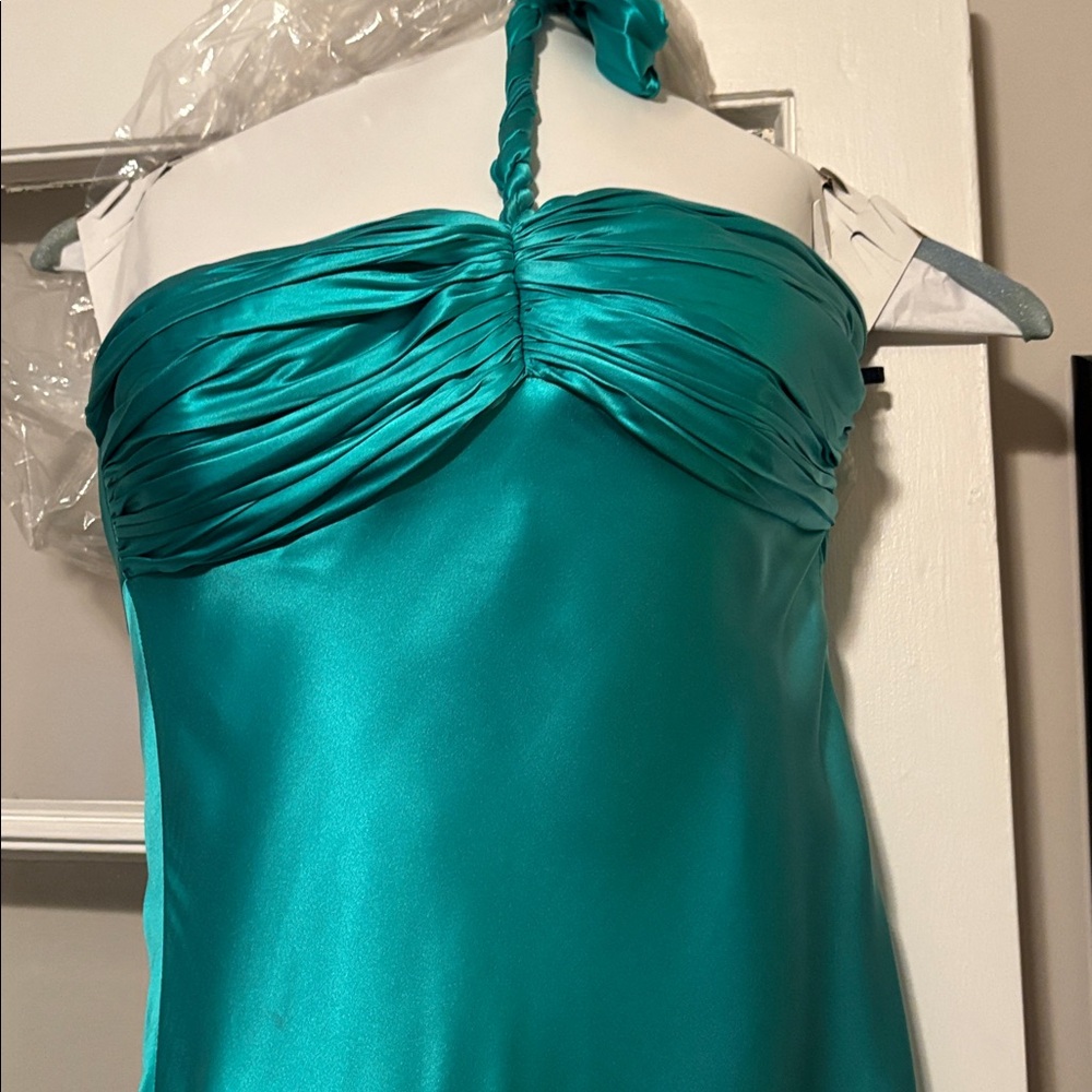 Y2K cache Teal Satin Halter Dress - Picture 2 of 5